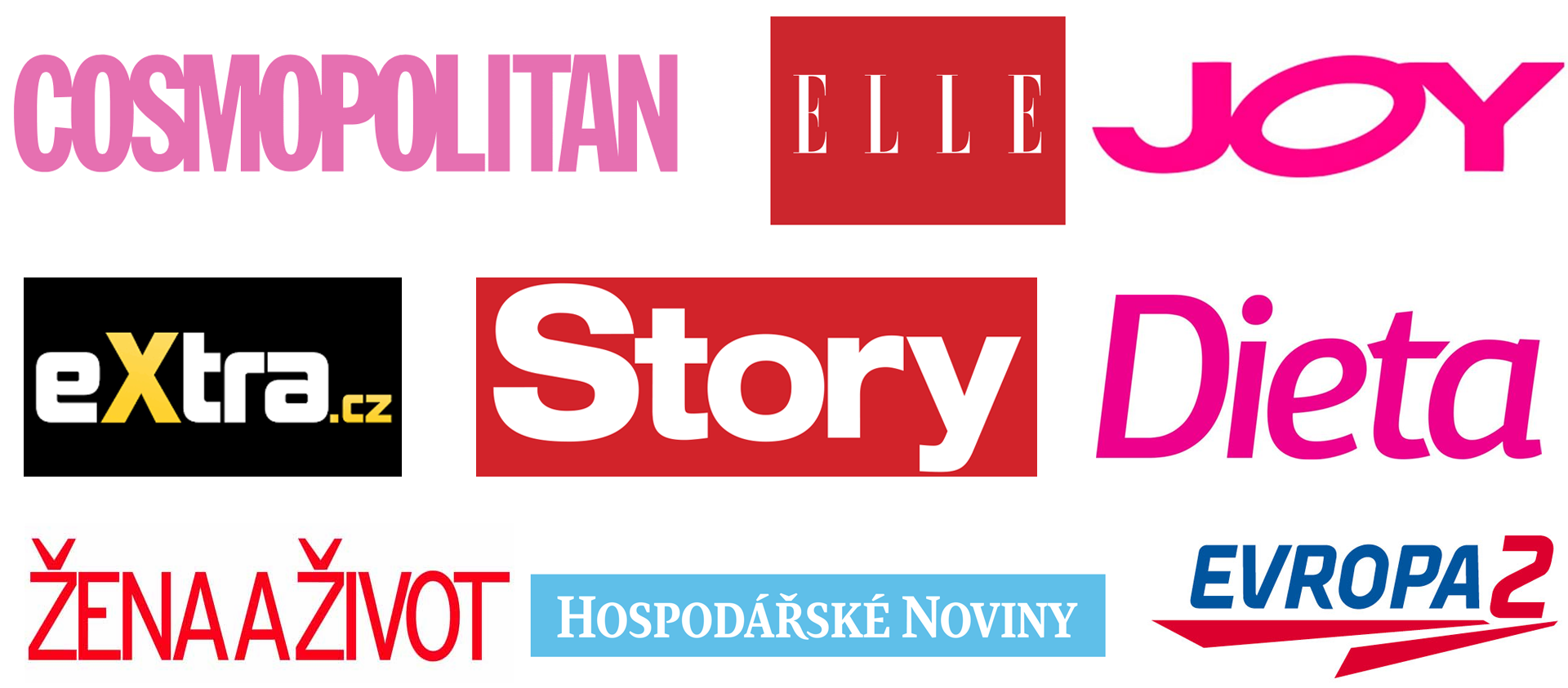 Loga médií Cosmopolitan, Elle, Joy, Extra.cz, Story, Dieta, Žena a život, Hospodářské noviny a Evropa 2